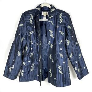 Victor Costa Jacket Navy Blue Embroidered Sequin Blazer Open‎ Front Sz L